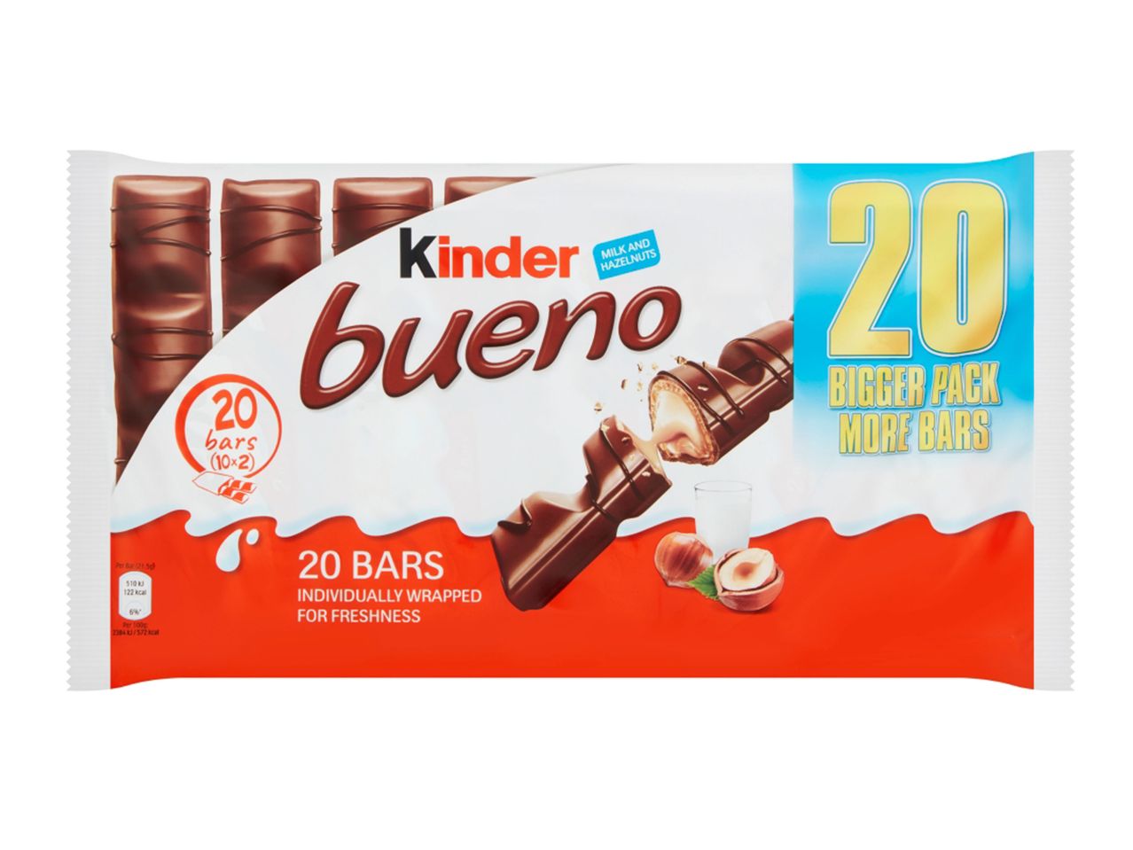 A pack of 20 Kinder Bueno chocolate bars, individually wrapped for freshness.