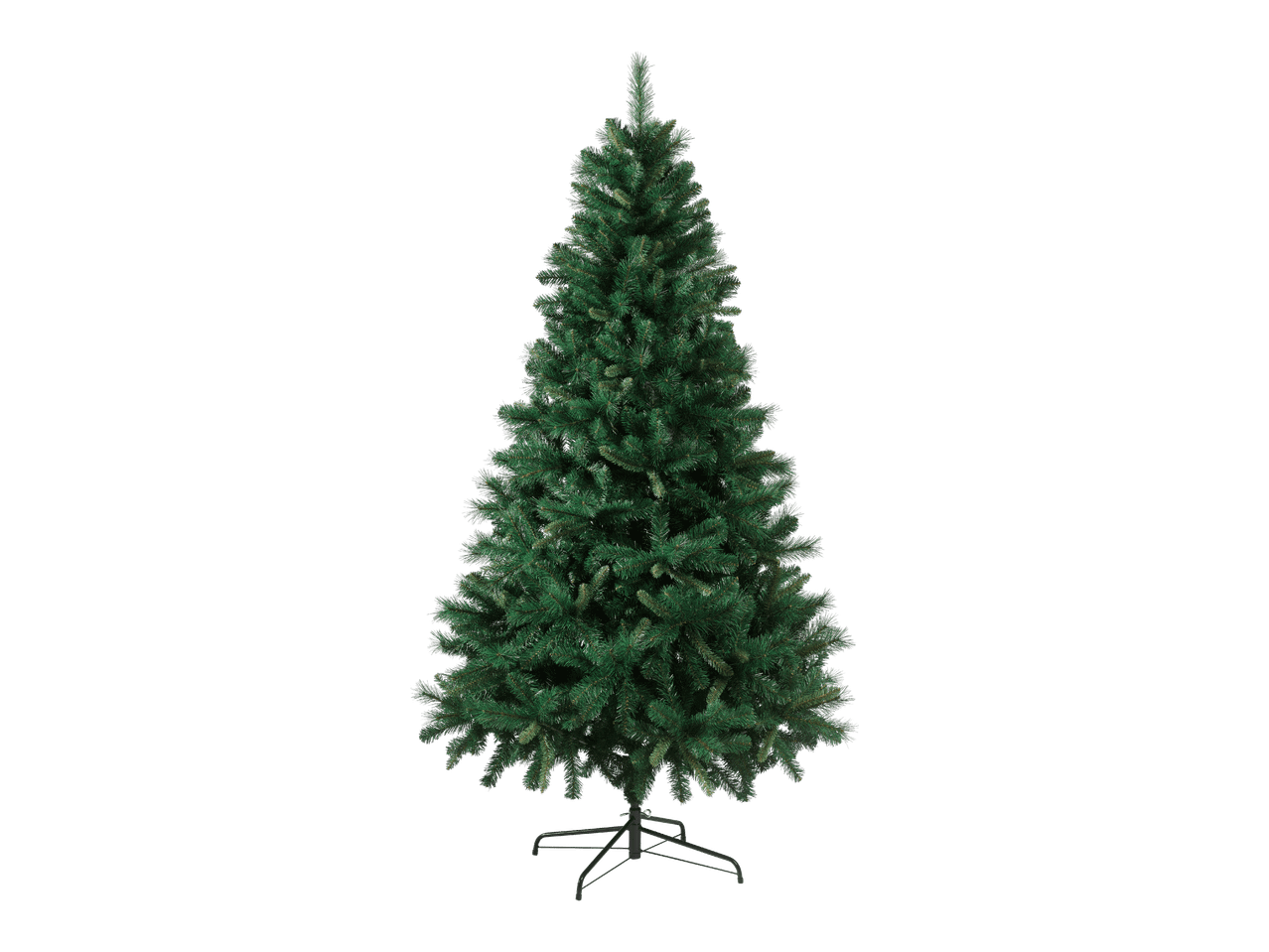 Vihreä tekokuusi, jossa on valkoisia lumisia kärkiä ja musta metallijalka.