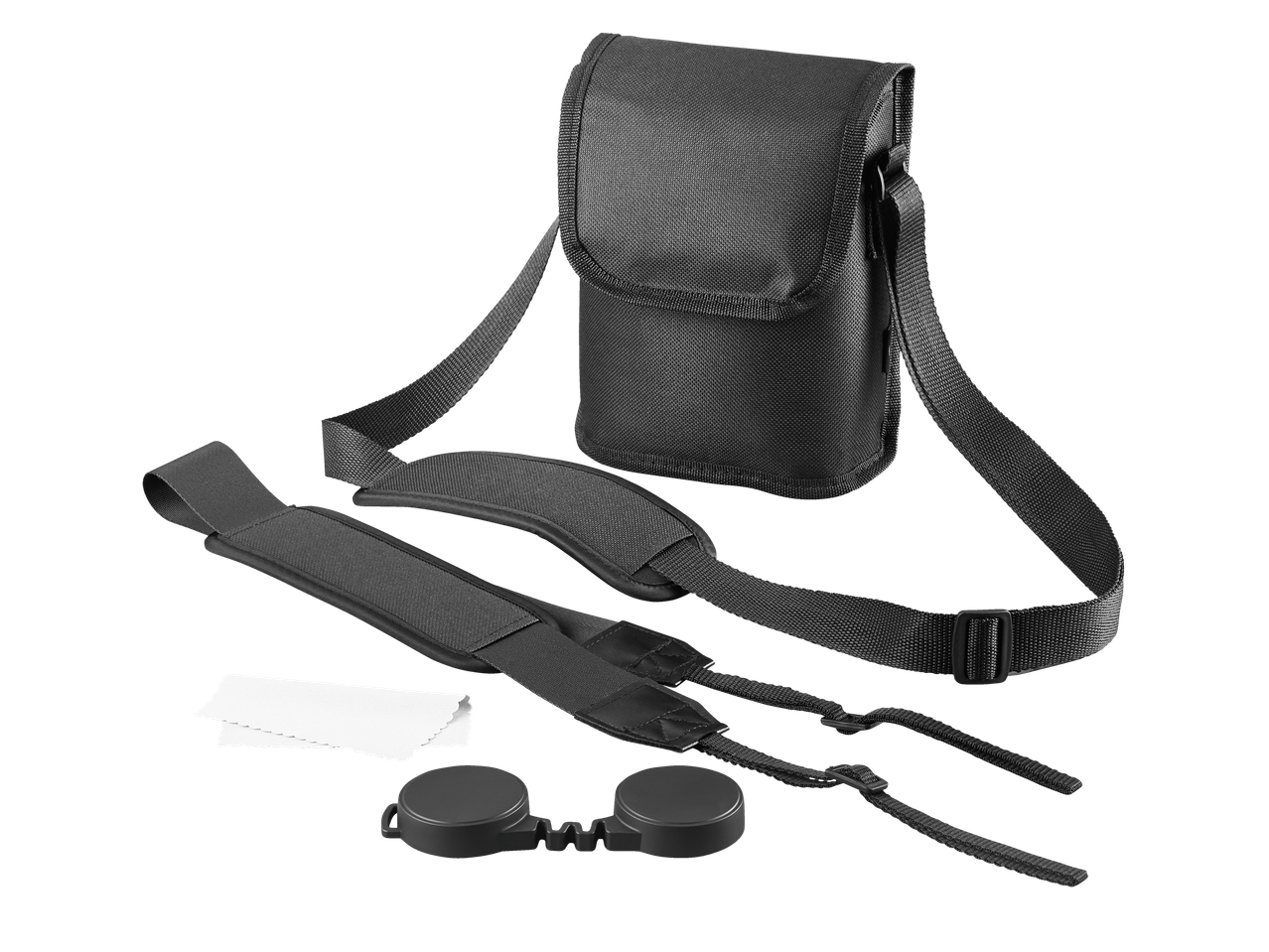 CRIVIT 10x42 Binoculars accessories including a carrying case, neck strap, lens caps, and cleaning cloth.
