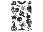 Fekete-fehér, kézzel rajzolt halloweeni matricák ijesztő motívumokkal.