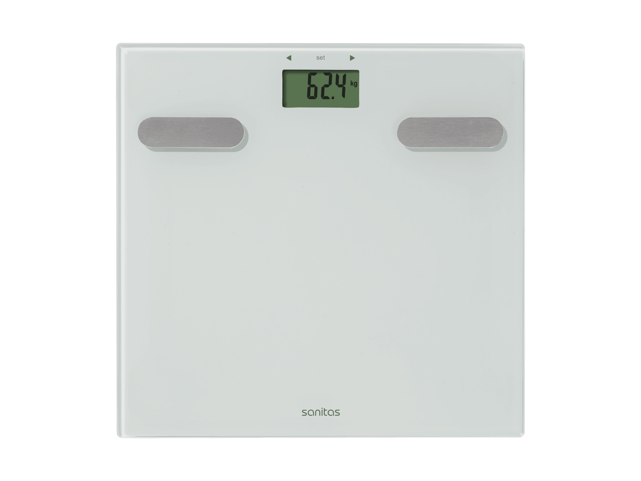 Weiße digitale Personenwaage mit 62,4 kg Anzeige und Metallsensoren