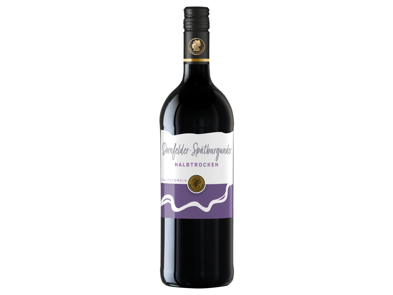 Dornfelder Spätburgunder QbA, halbtrockener Rotwein in einer Flasche mit weißem und lila Etikett.