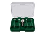 Diamond drill bit set with 6, 8, 10, and 12 mm bits and an adapter in a green case.