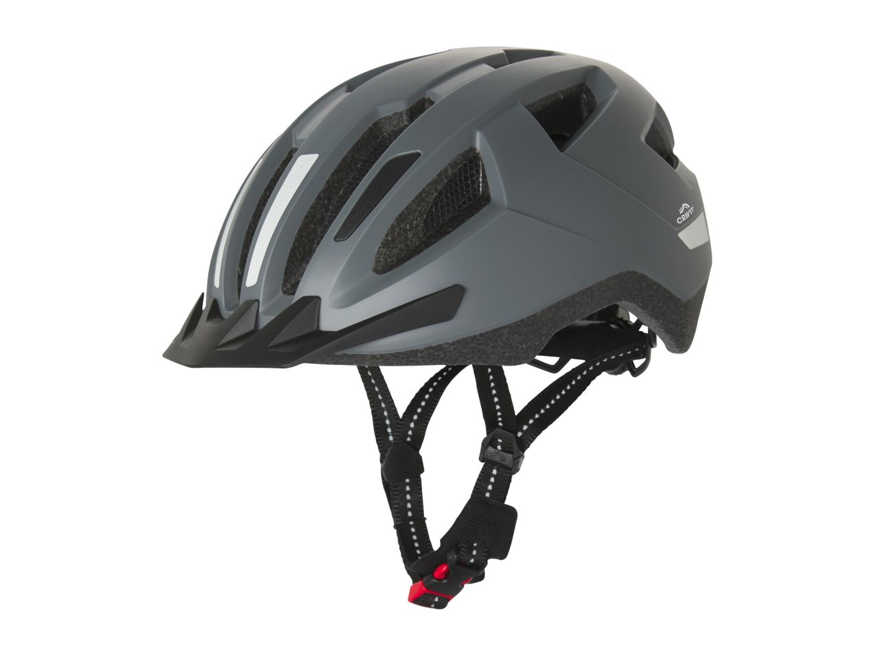 Grey bicycle helmet with black straps and a red buckle