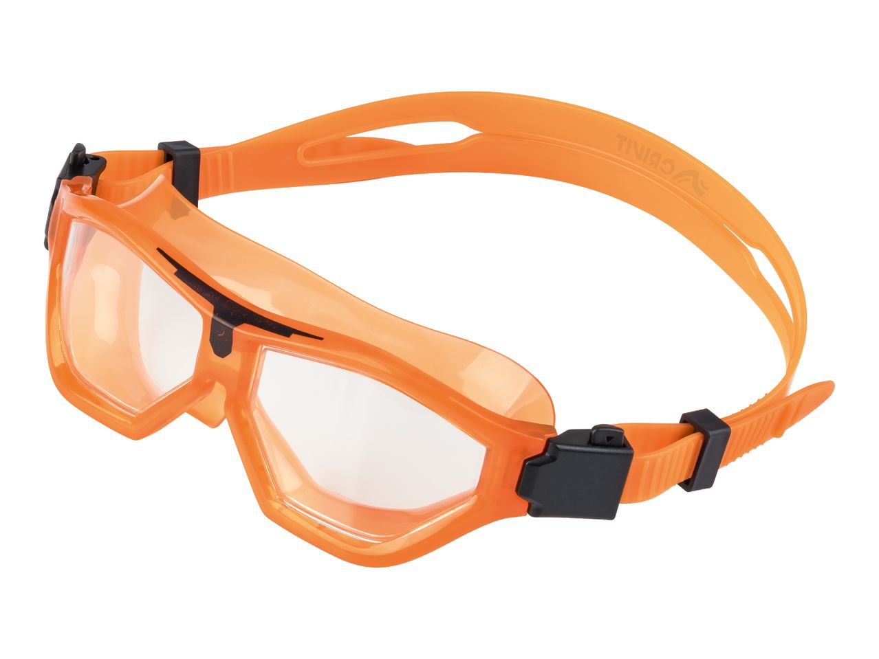 Orange swimming goggles with clear lenses and black adjustable straps.