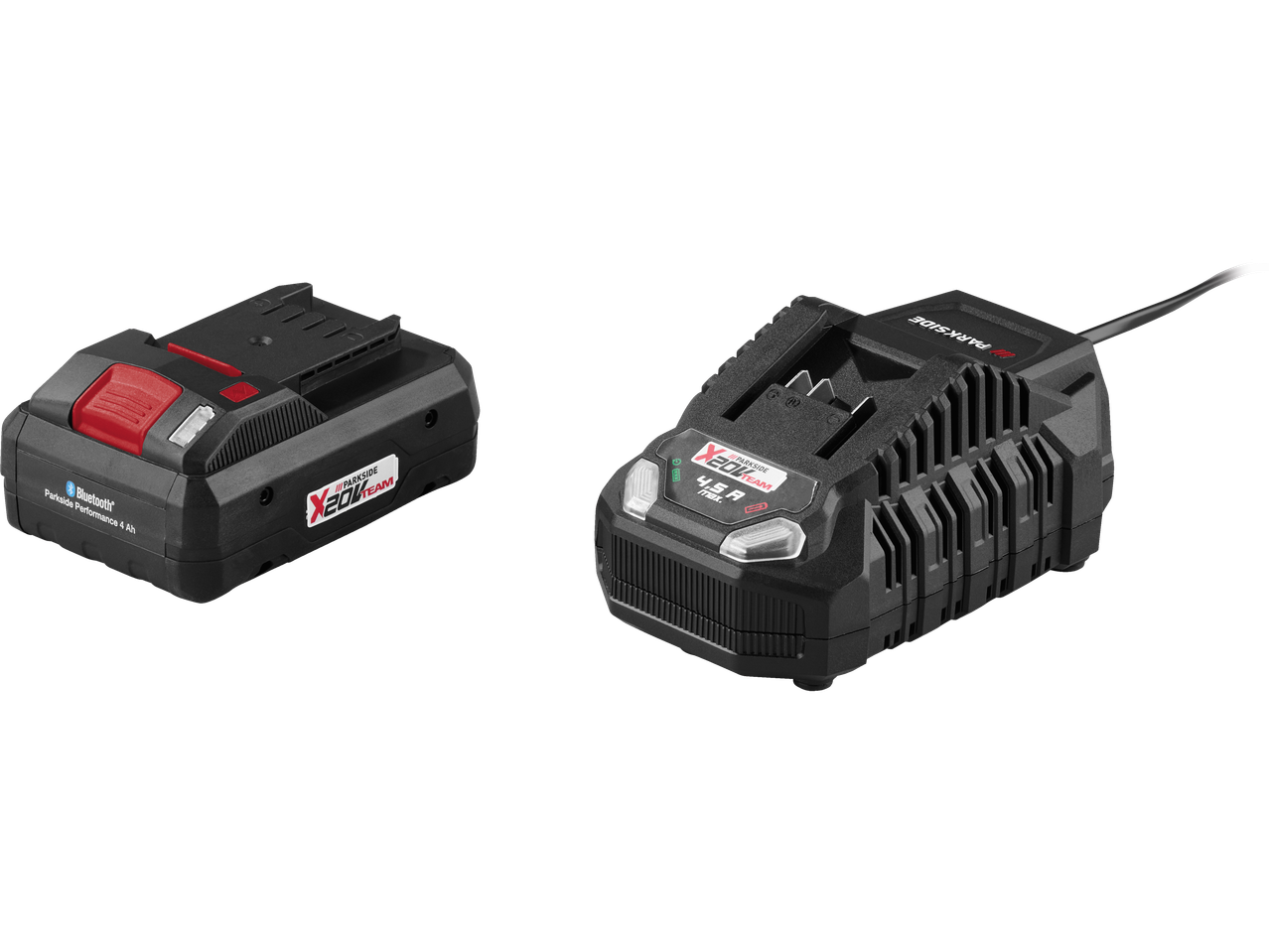 Parkside X20V Team baterija ir kroviklis.