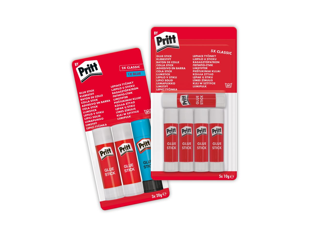 Pritt klijų lazdelės: 3 raudonos ir 1 mėlyna 20 g, 5 baltos 10 g.
