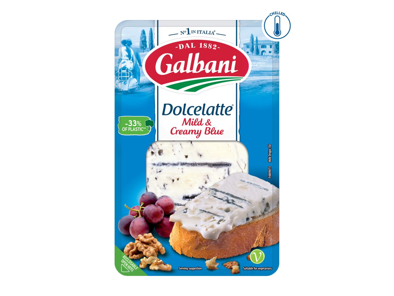 Galbani Dolcelatte Mild & Creamy Blue cheese packaging with serving suggestion.