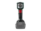 A green and black cordless work light with a red button and a gray battery pack.
