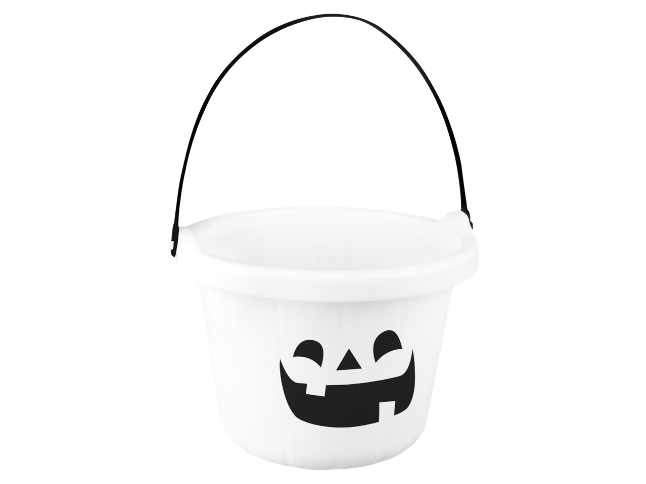 White Halloween pumpkin bucket with a black handle and carved face.