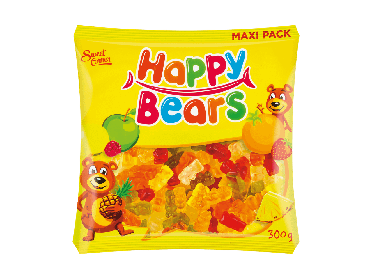 Un sachet jaune d'oursons gélifiés Happy Bears avec des ours de dessin animé et des fruits.