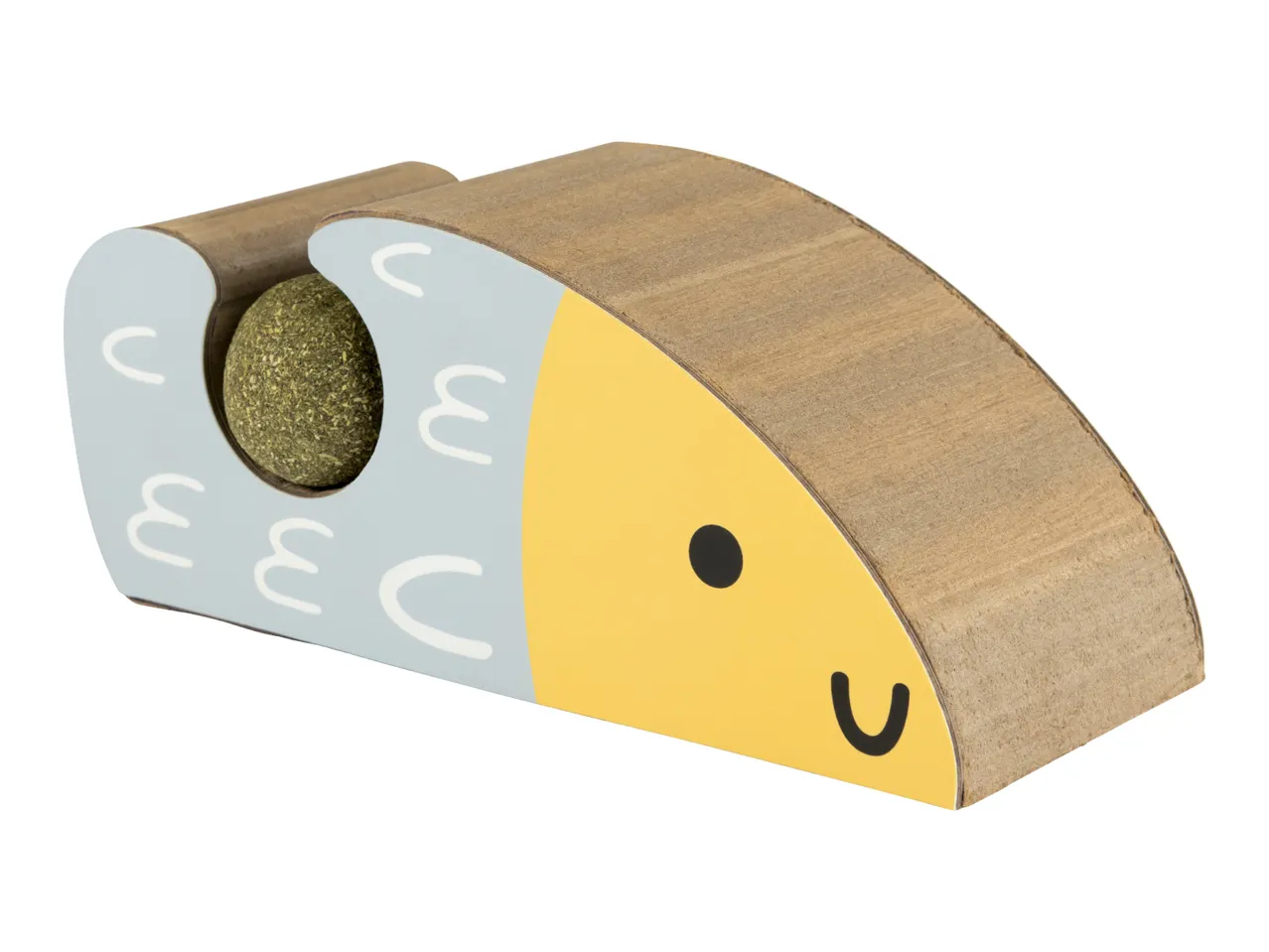 Cardboard cat scratcher shaped like a fish with a catnip ball inside.