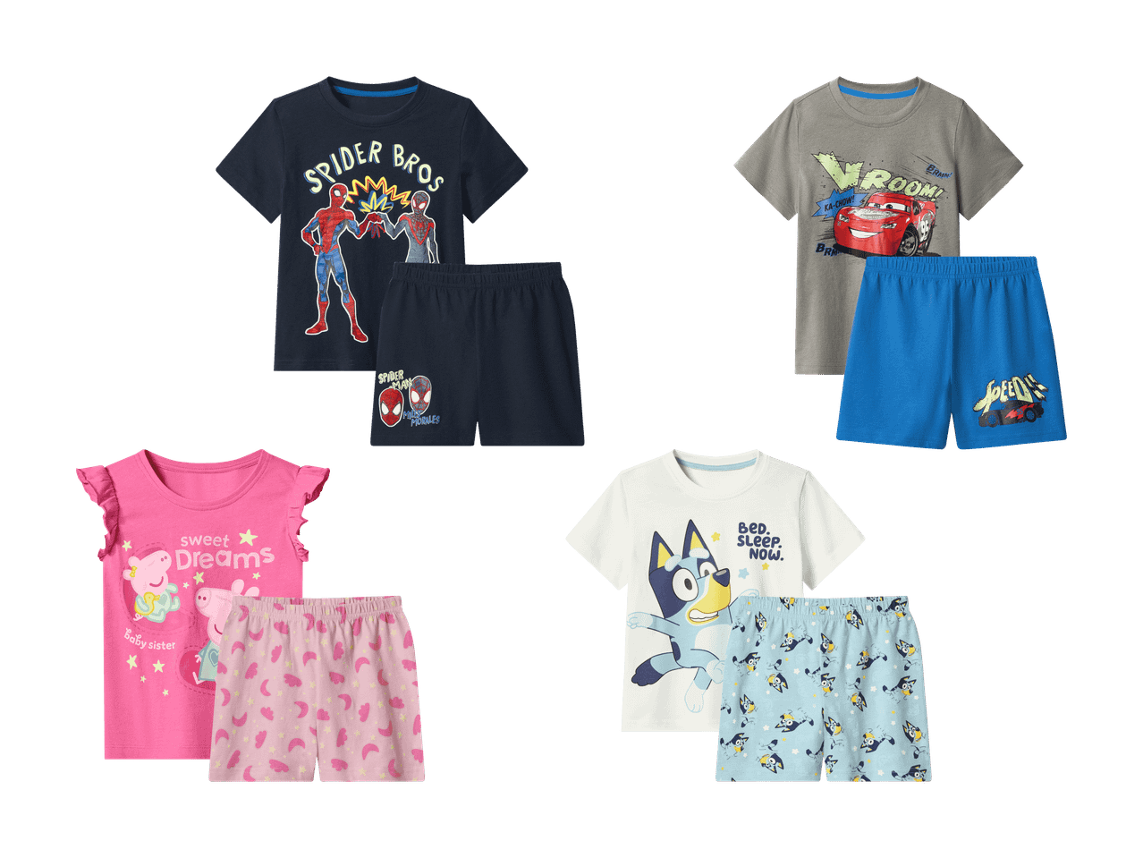 Kinder-Pyjama-Sets mit Superhelden-, Rennwagen-, Schweinchen- und Hundemotiven.