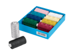 Colorful sewing thread spools in a blue box.