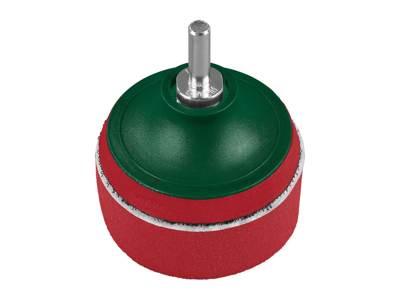 Red and green sanding disc with a metal shaft, isolated on a white background.