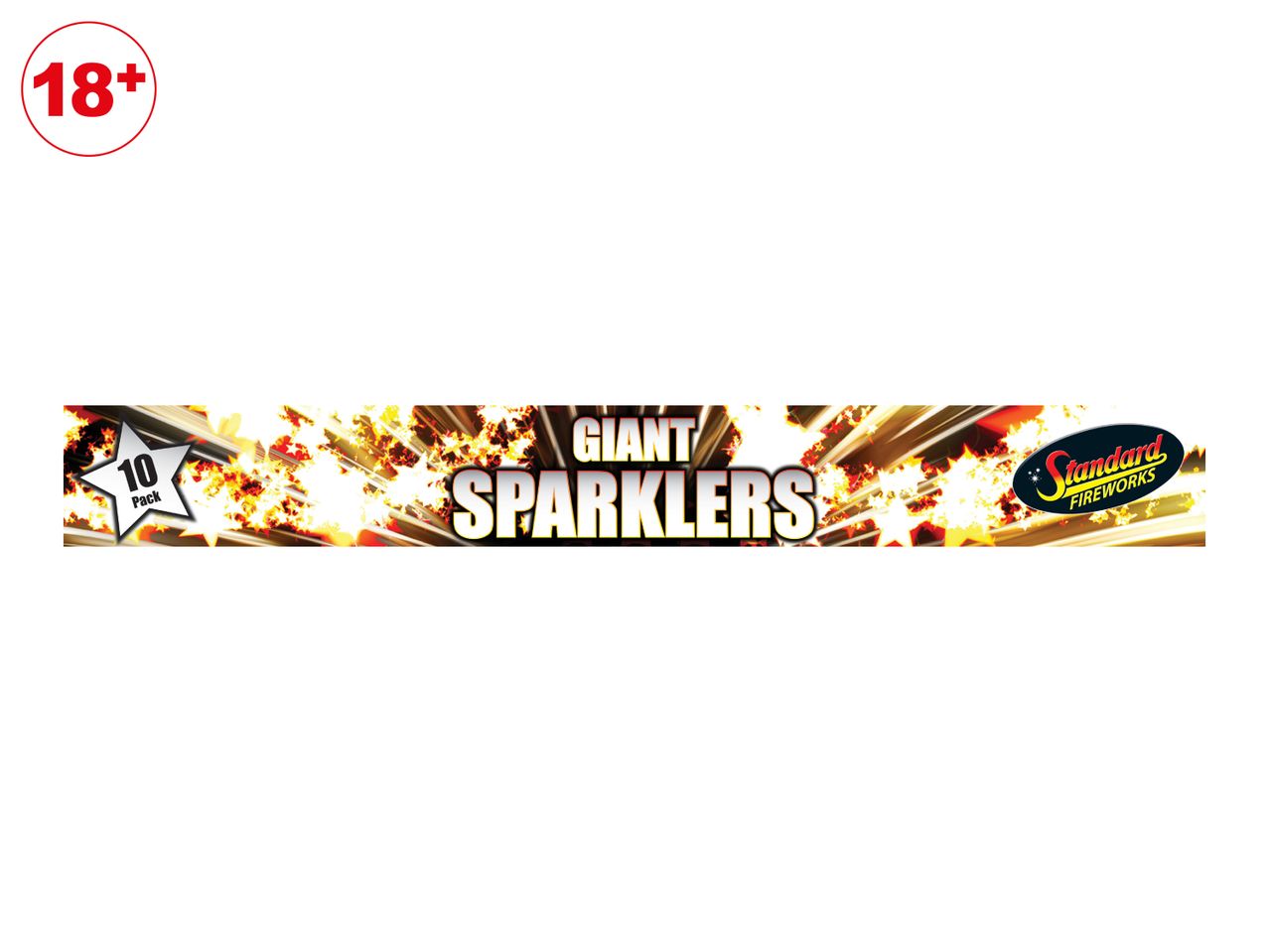 A 10-pack of giant sparklers with an 18+ age restriction label.
