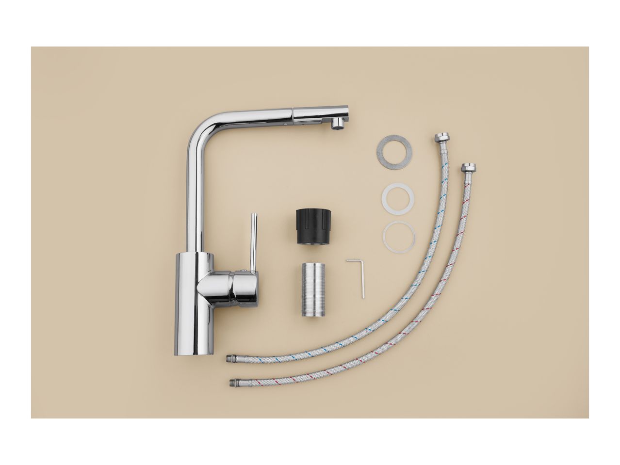 Kitchen faucet with installation parts: hoses, washers, and tools.