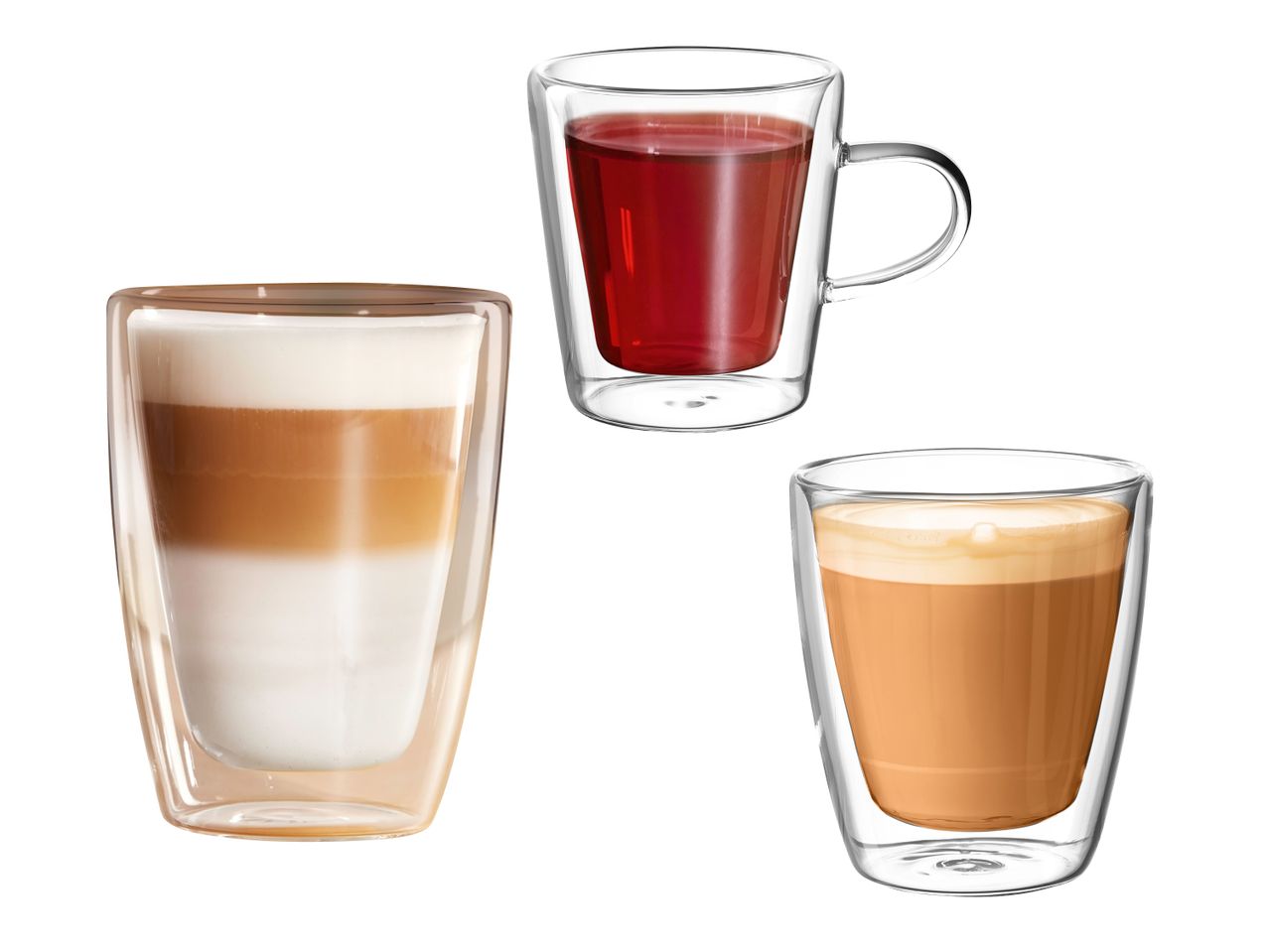 Drei doppelwandige Gläser mit Latte Macchiato, Tee und Cappuccino.