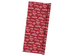 Crelando wrapping paper with Christmas greetings and Santa Claus on a red background.