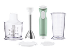 Rankinio trintuvo rinkinys su smulkintuvu, matavimo puodeliu ir dangteliais, šviesiai žalios ir baltos spalvos.
