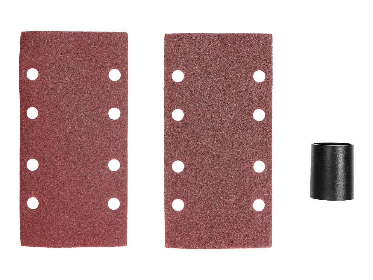 Two sheets of sandpaper with pre-drilled holes and a black plastic adapter are shown.