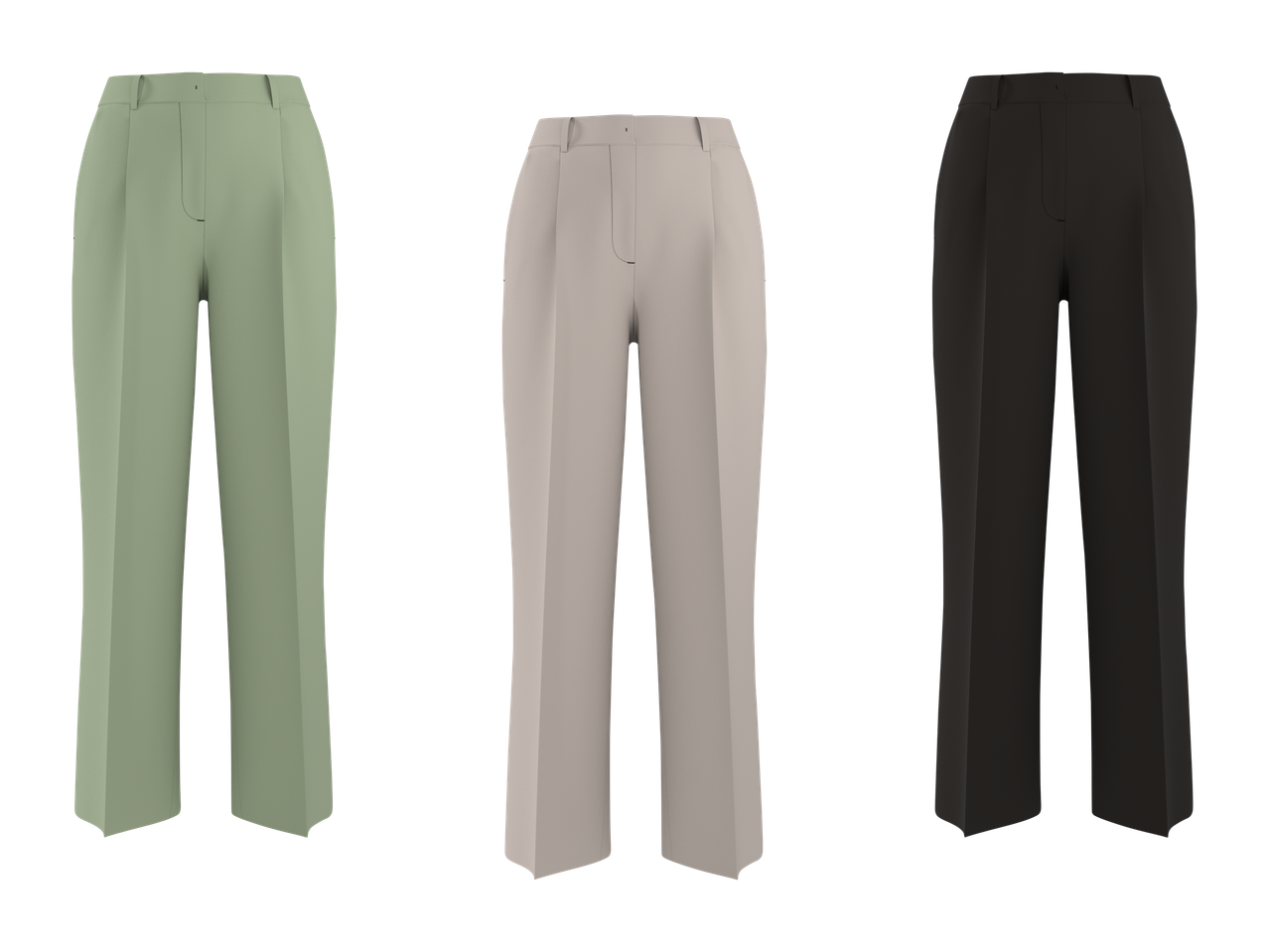 Trije pari hlač v svetlo zeleni, bež in črni barvi, prikazani na črnem ozadju.