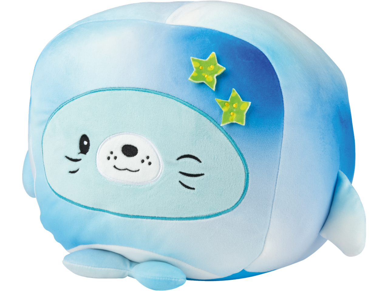Playtive Squishy Plush Toy, a blue seal with green stars on its back.
