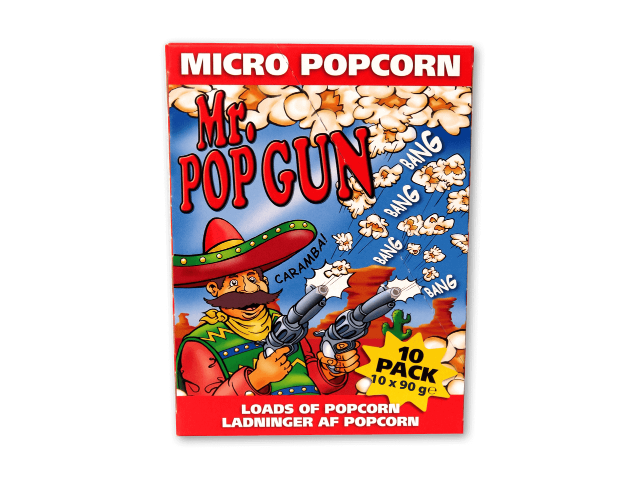 Mikroovnspopcornpakke med en tegneseriefigur, der skyder popcorn, og teksten 'Mr. Pop Gun'.