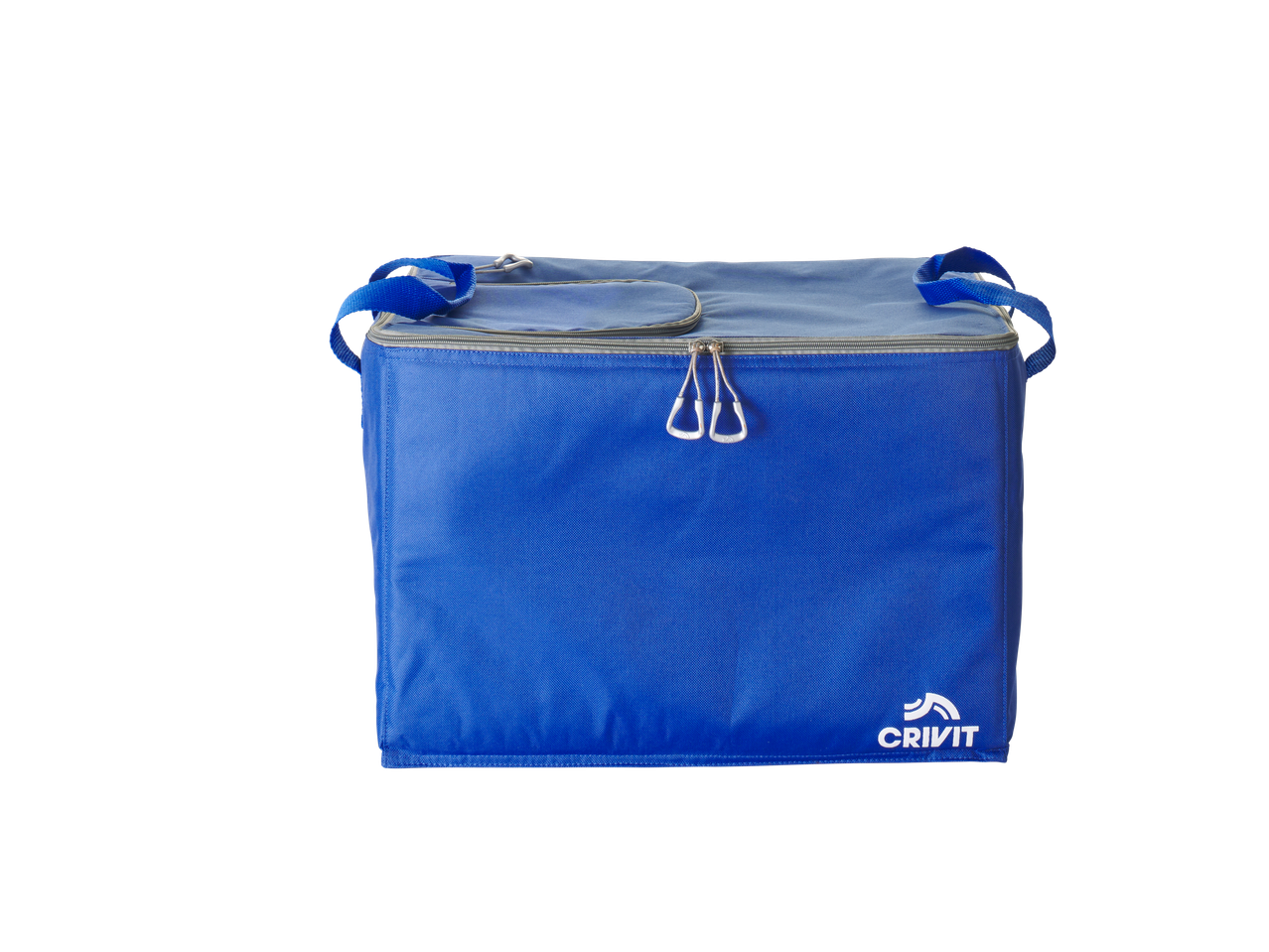 Geantă frigorifică albastră cu fermoar și mânere, cu logo Crivit.
