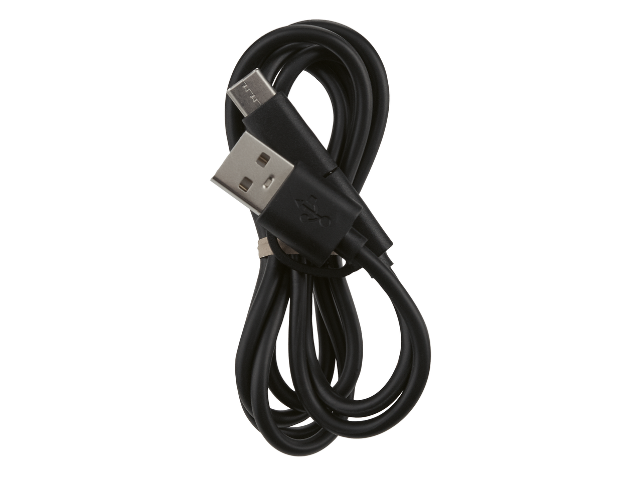 Черен USB кабел с Micro-USB и USB-A конектори, навит на руло.