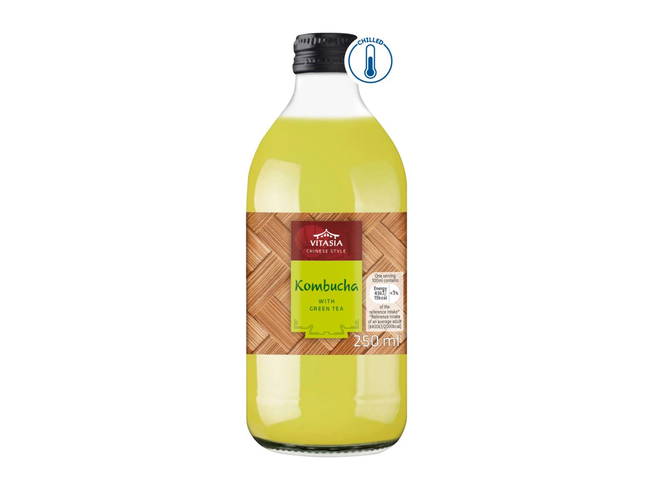 Vitasia Chinese Style Kombucha with Green Tea, 250ml bottle, chilled.