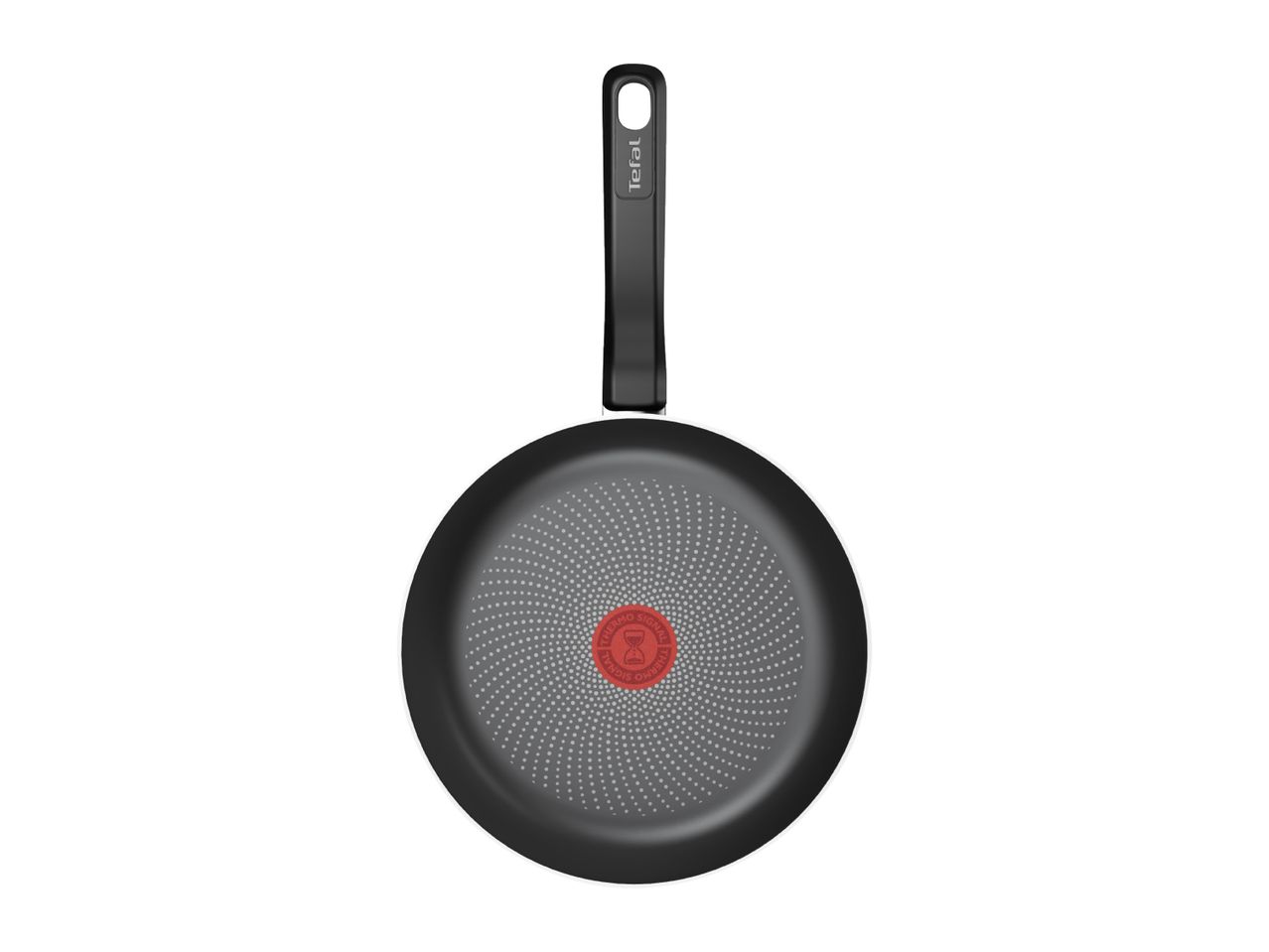Black frying pan with a red heat indicator in the center, viewed from above.