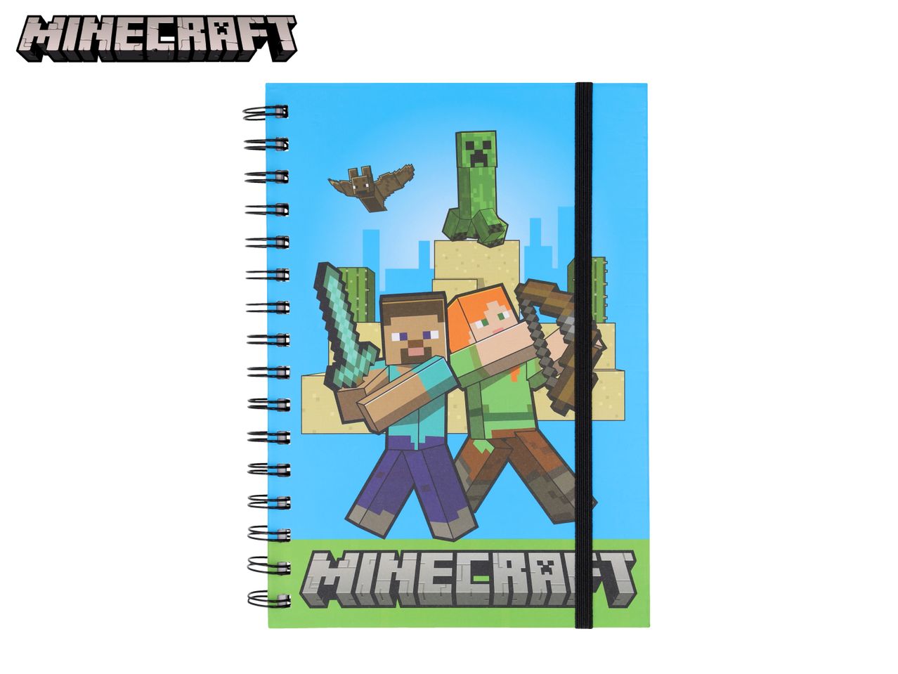 Spiral notebook with Minecraft characters Steve and Alex, a Creeper, and a bat.