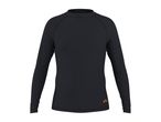 Black long-sleeved rash guard with a small orange logo on the bottom right.