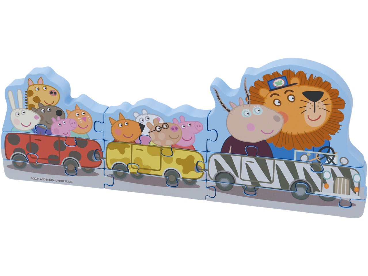 Peppa Pig puzle ar dzīvnieku tēliem, kas brauc vilcienā.