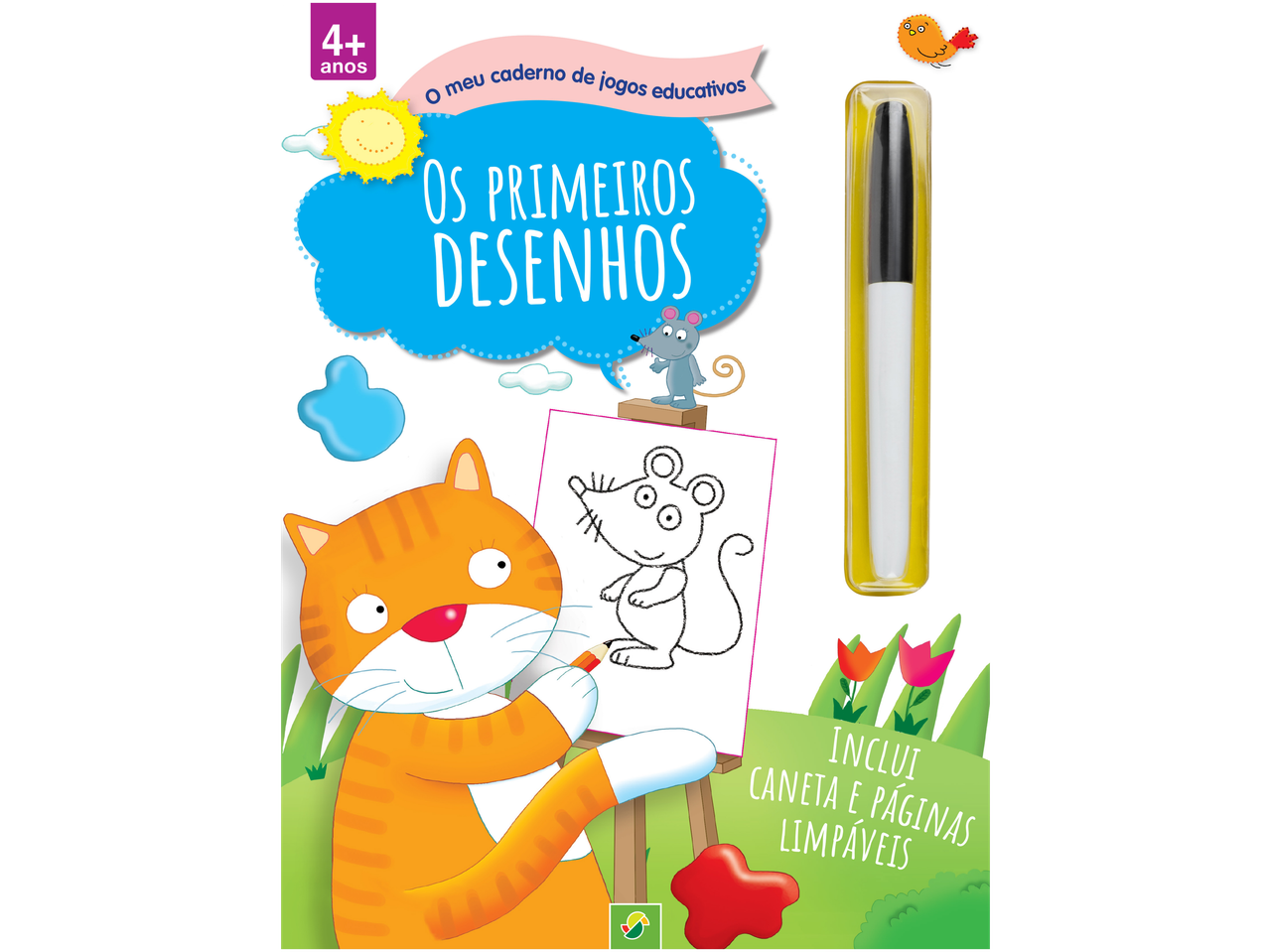 Livro de desenhos infantis com gato, rato e caneta, para maiores de 4 anos.