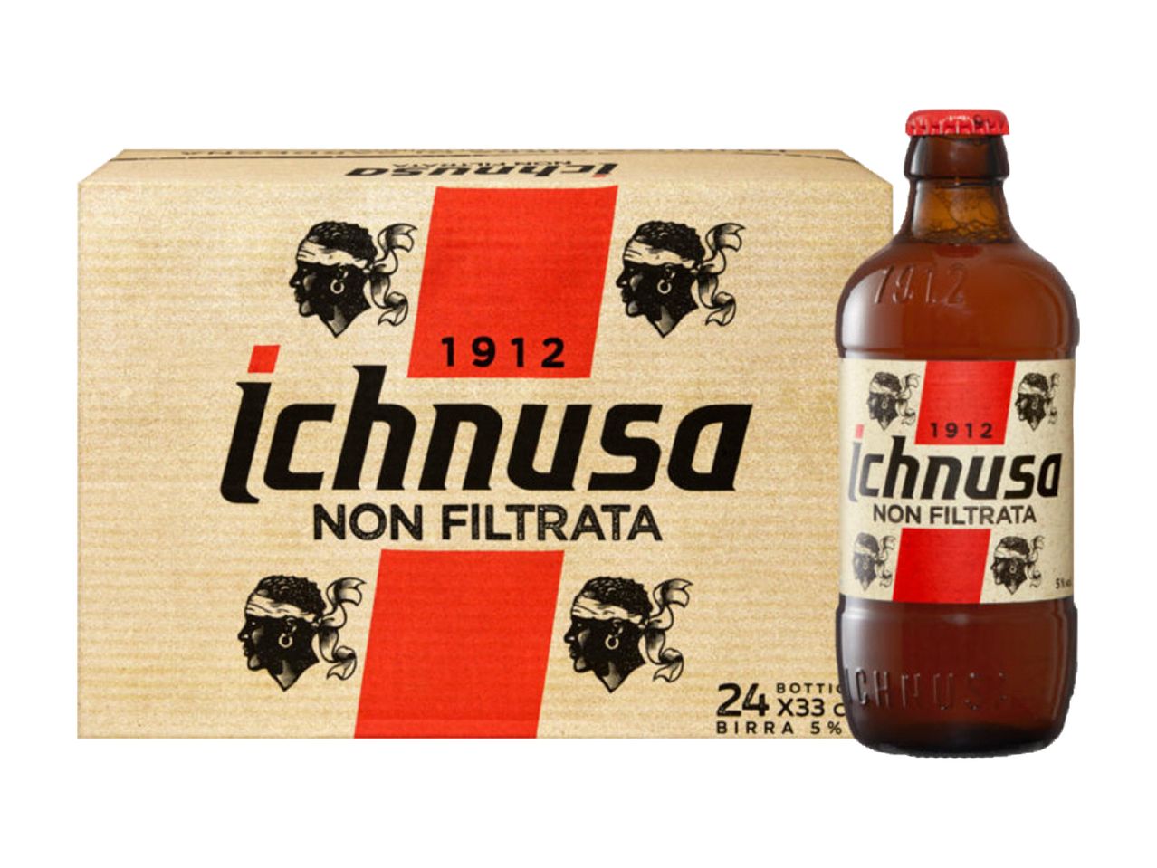 Una confezione da 24 bottiglie di birra Ichnusa Non Filtrata.