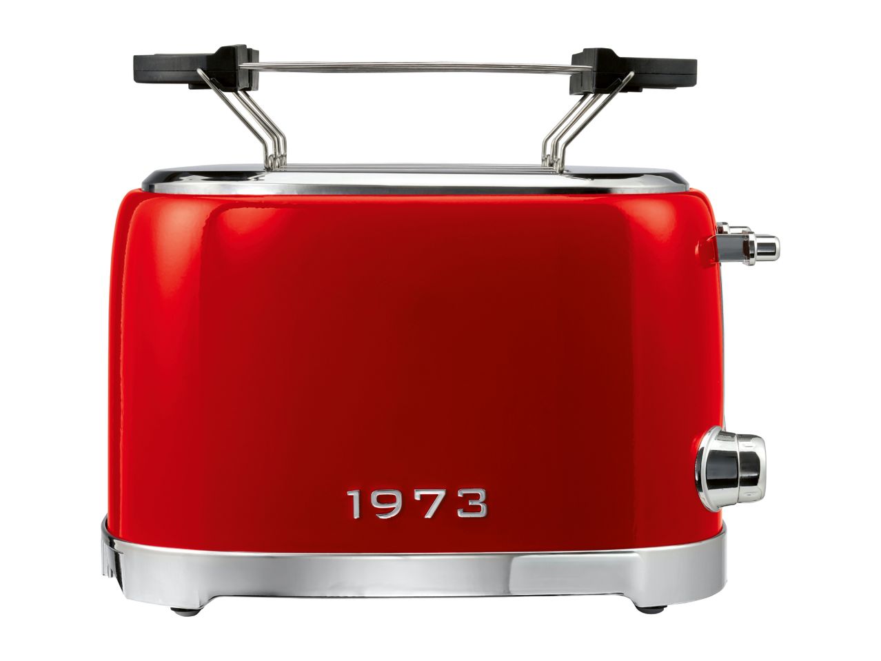 Red retro-style toaster with a bun warmer attachment and the year 1973 on the front