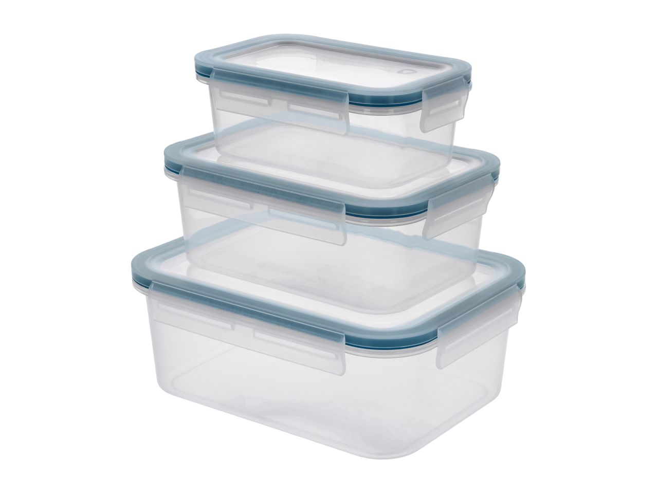Stack of three rectangular clear plastic food storage containers with blue lids and clasps.