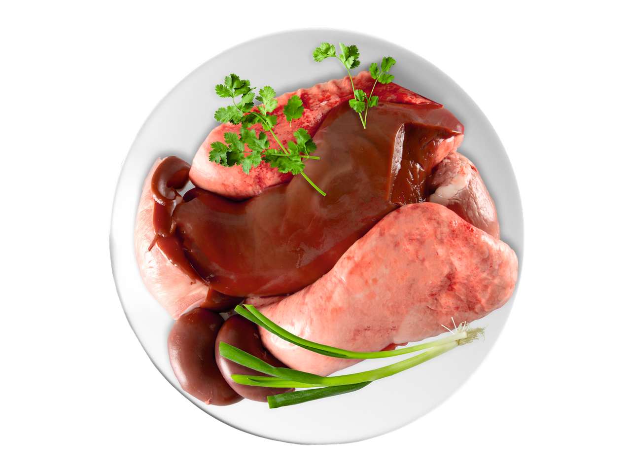 Organe crude, inclusiv ficat, plămâni și rinichi, garnisite cu coriandru și ceapă verde pe o farfurie albă.