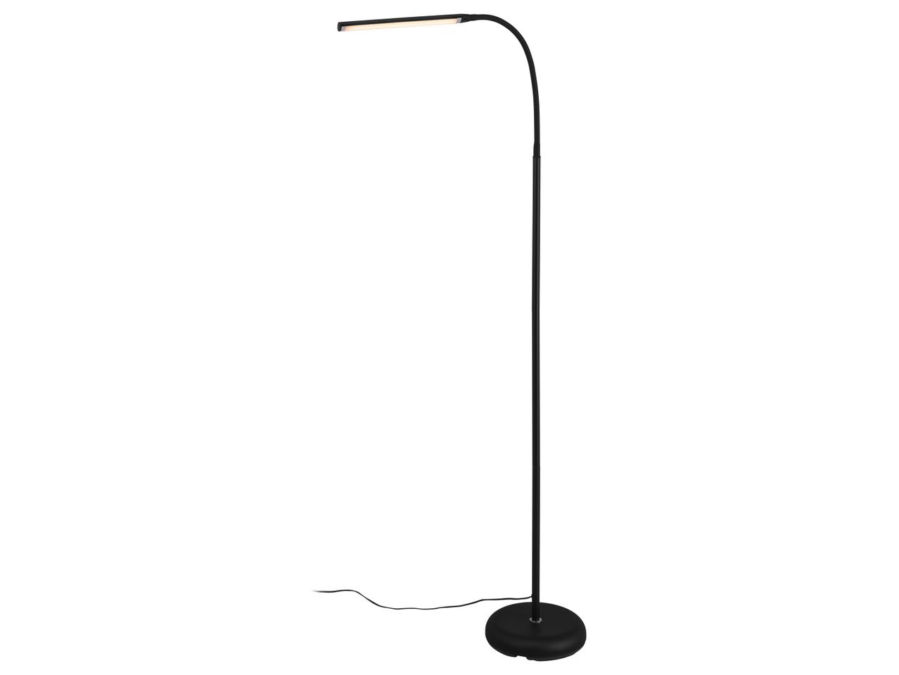 Lampada da terra nera con braccio flessibile e luce LED integrata.