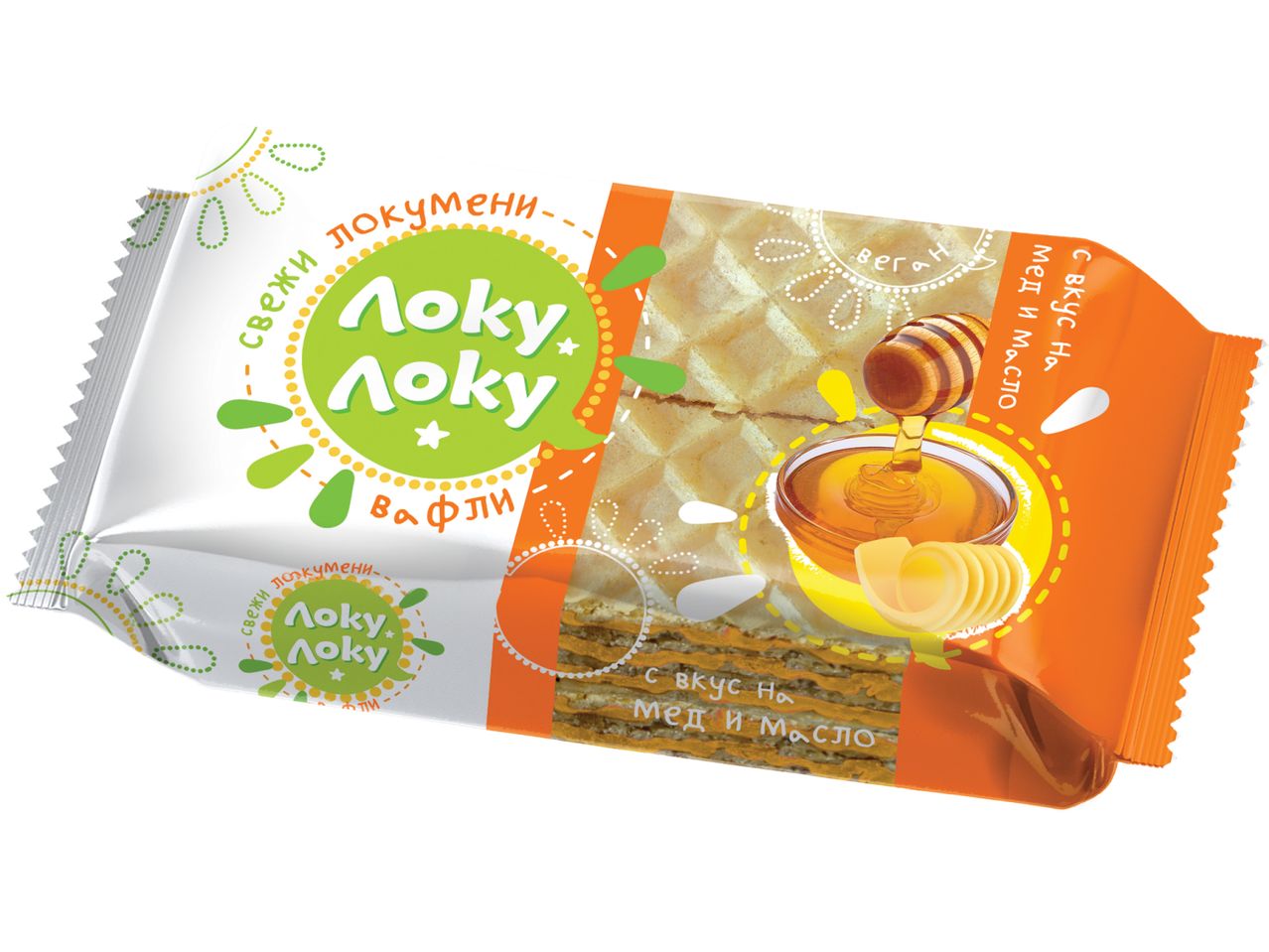 Опаковка вафли Loky Loky с вкус на мед и масло.