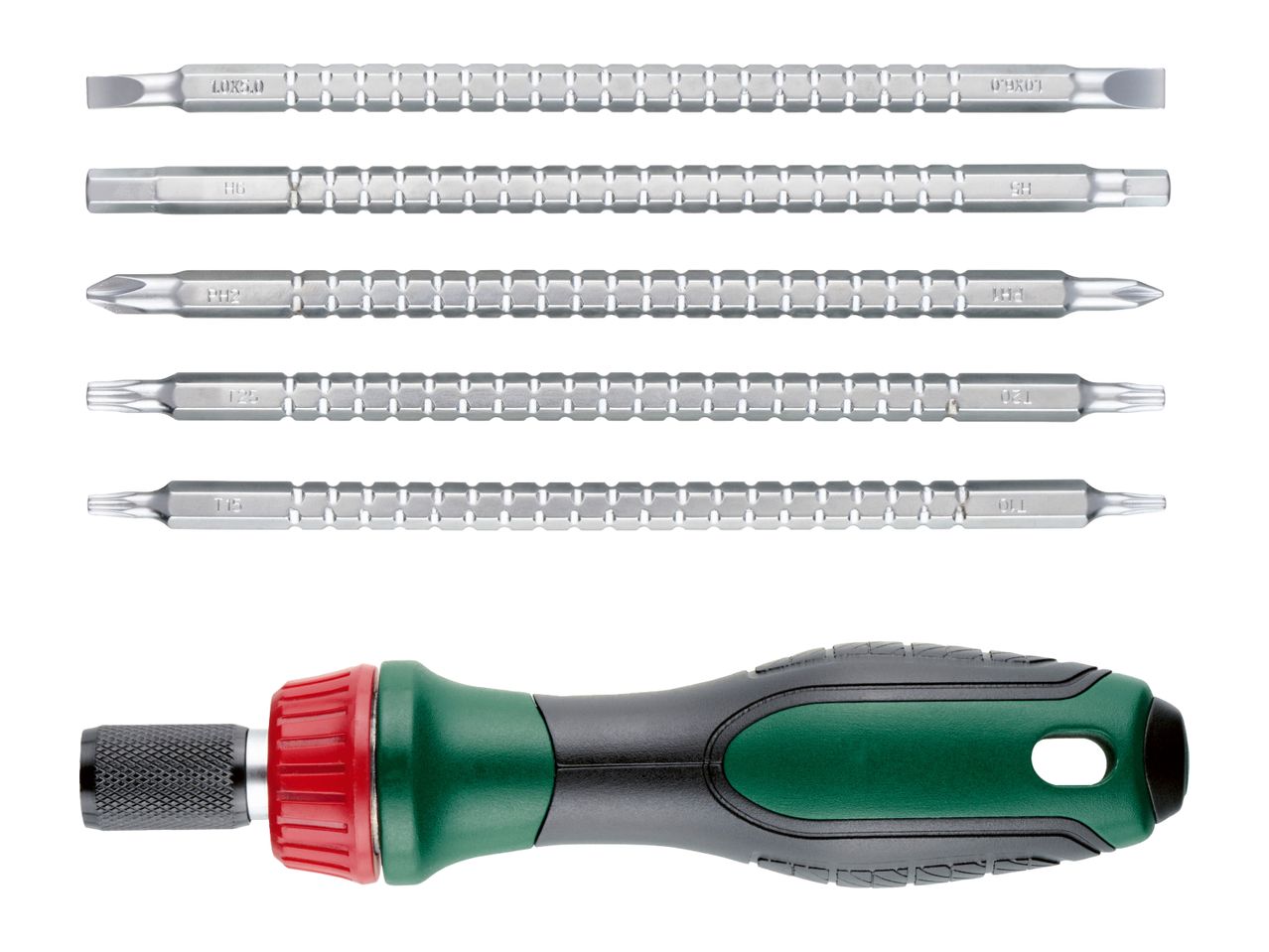 Screwdriver set with interchangeable bits, including flathead, hex, Phillips, and Torx.