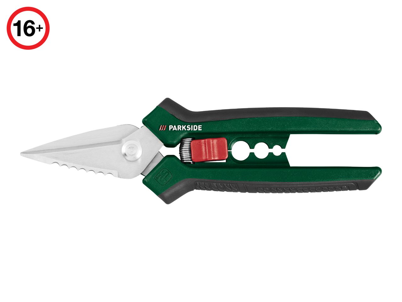 Green and black garden shears with a red safety lock and a 16+ age rating symbol.