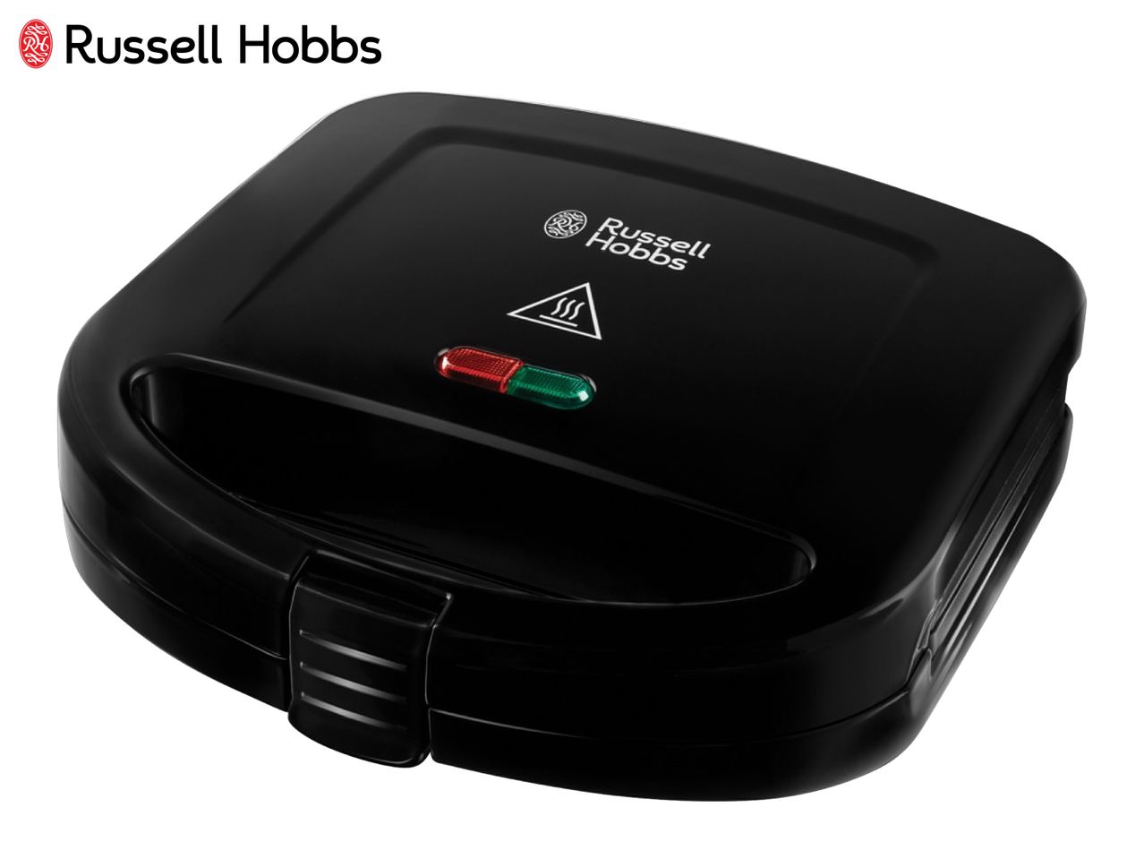 Black sandwich maker with red and green indicator lights and a hot surface warning symbol.