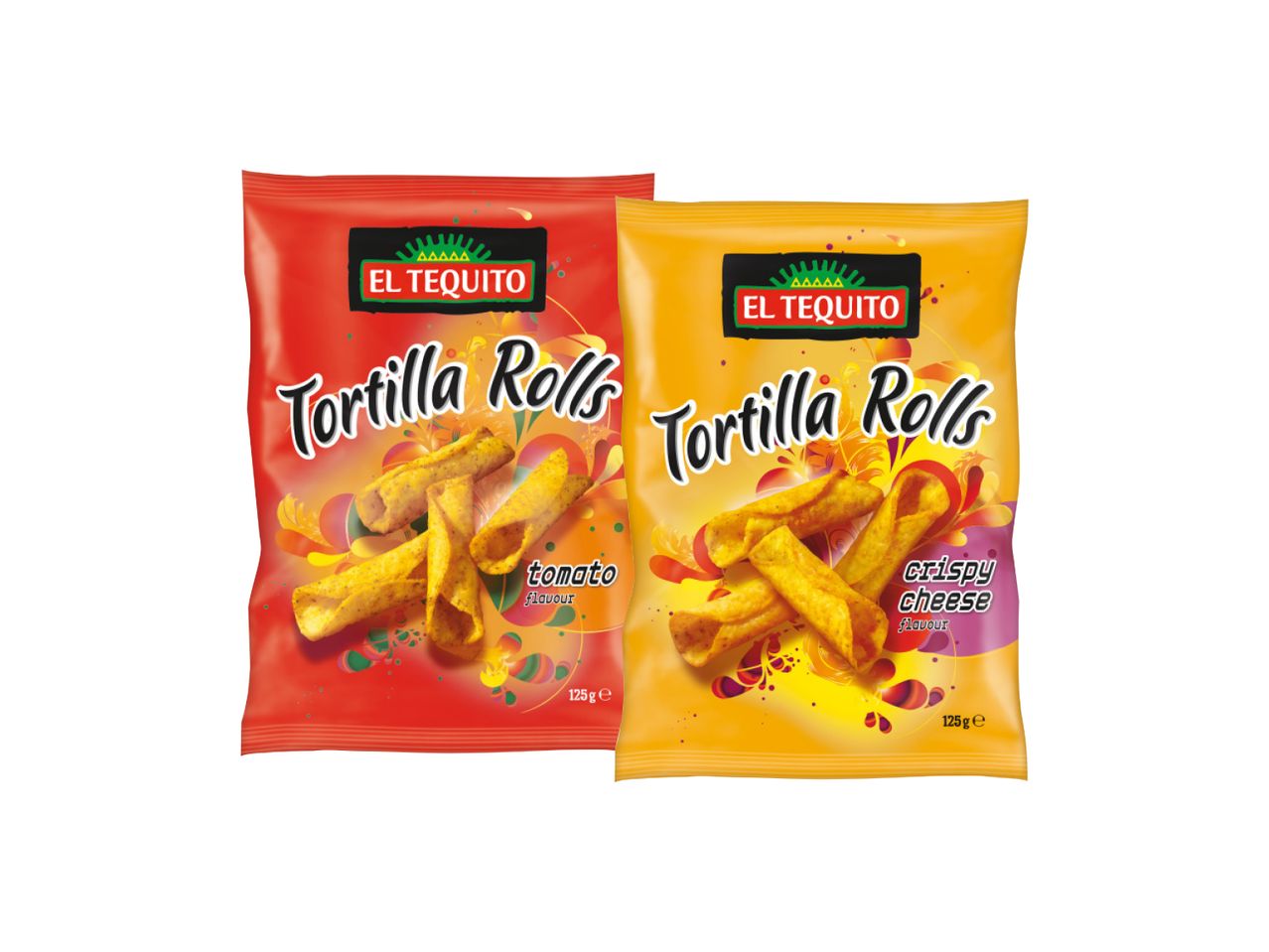 Dve kese El Tequito tortilja rolnica, jedna sa ukusom paradajza, druga sa ukusom hrskavog sira.