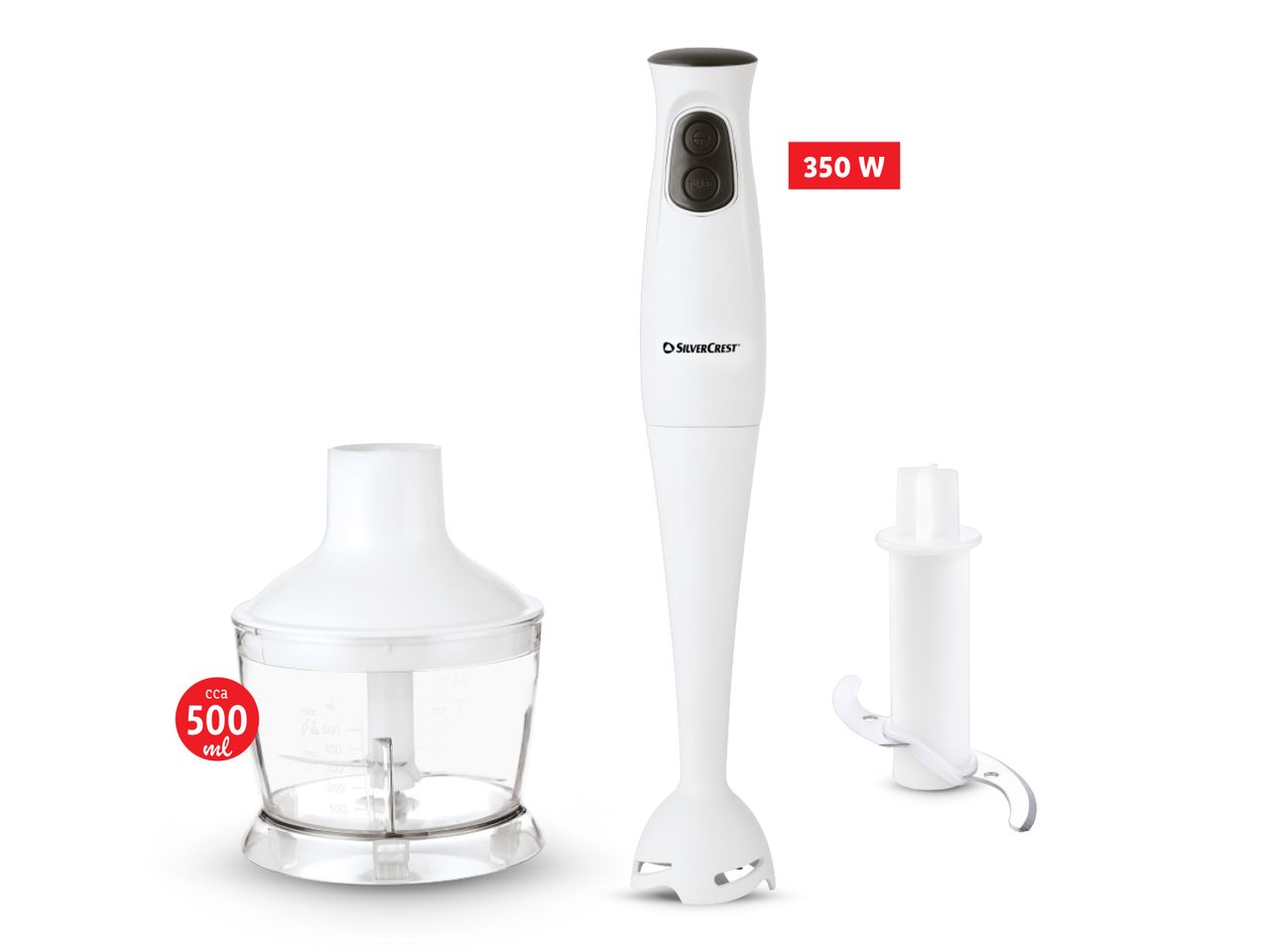 SilverCrest štapni mikser od 350 W s pripadajućom posudom za sjeckanje od 500 ml.