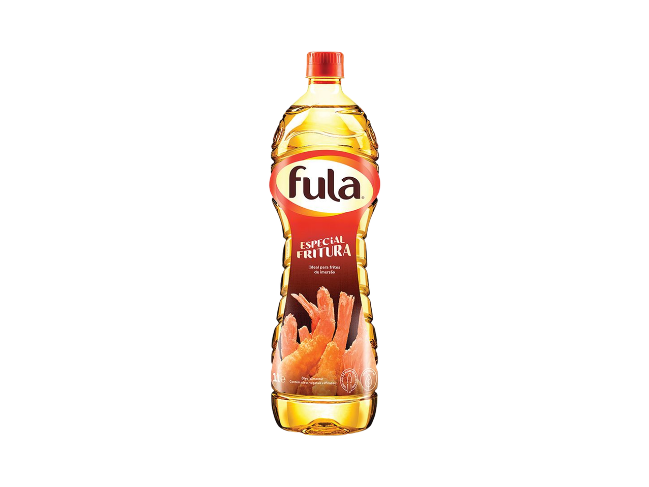 Garrafa de óleo de fritura com camarões fritos na etiqueta.