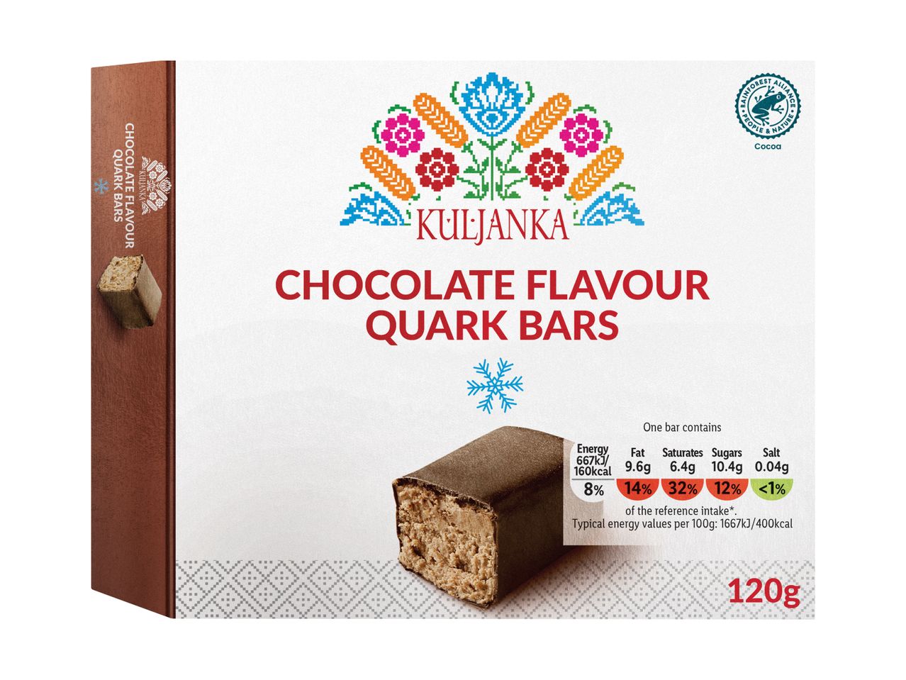 Chocolate flavour quark bars with nutritional information and Rainforest Alliance certification.