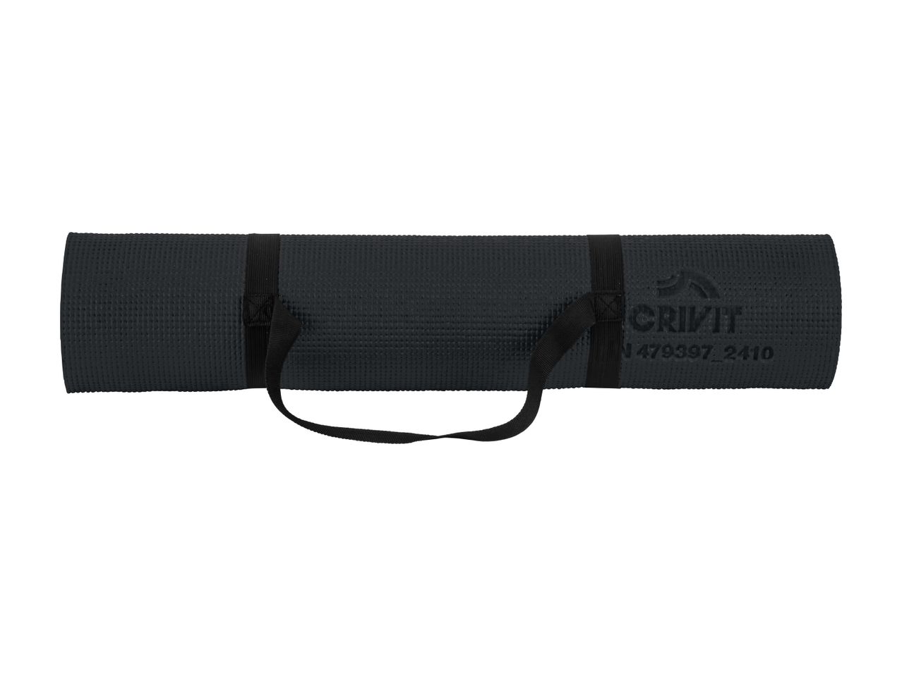Black rolled-up exercise mat with a carrying strap